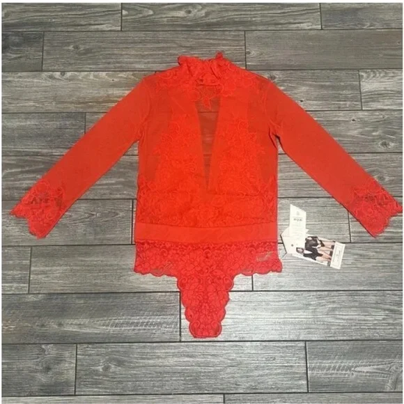NWT $148 Free People Take HAH Bow Bodysuit Large Red Sheer Lace S L XL - Picture 11 of 11